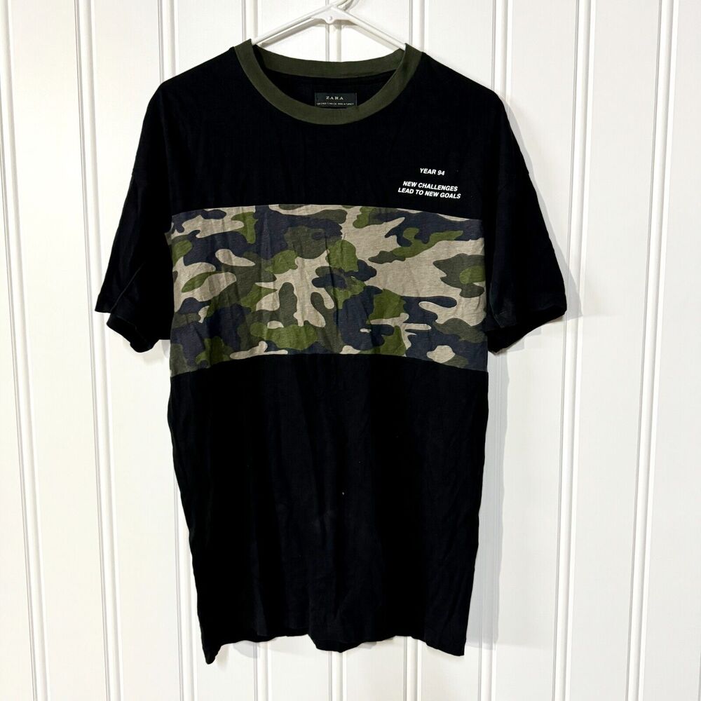 ZARA Shirt Mens Size S‎ Black Camp Short Sleeve Cotton Military Crewneck Tee